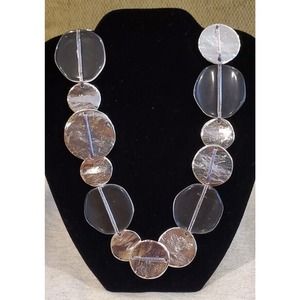 Long Circular Silver Tone & Clear Disc Necklace Cloth Tie Closure Gift Christmas